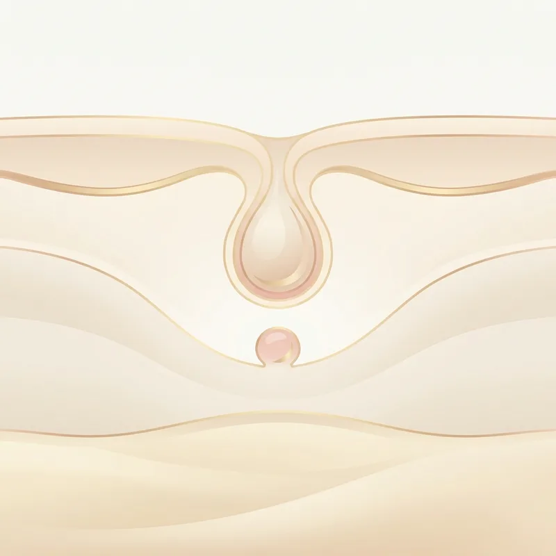 休止期の毛根の断面イラスト。毛が抜け、毛包が休眠している