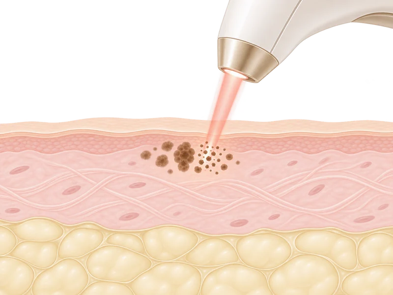 レーザー光が皮膚内の茶色い色素に作用する概念図